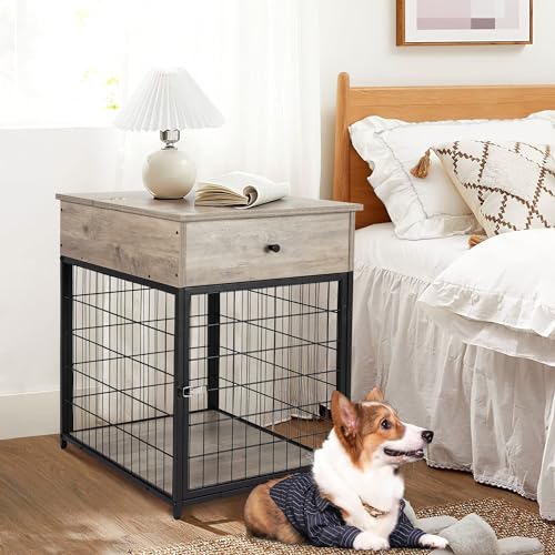 Garvee Dog Crate Furniture, 27" Dog Kennel, Dog House Indoor Use, Chew-Proof, Flip Top Storage, Wooden Dog Cage Sides Gray