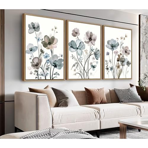 NINEASO Flowers Framed Canvas Wall Art - Cream White Flowers Pictures Abstract Beige Floral Wall Decor Botanical Painting Print Artwork Living Room Be