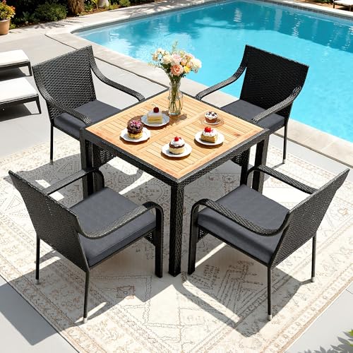 YITAHOME Outdoor Patio Dining Set for 4 35.4" Outdoor Table and Chairs Wicker Patio Dining Furniture Set 5 Pieces with Stackable Chairs and Cushions O