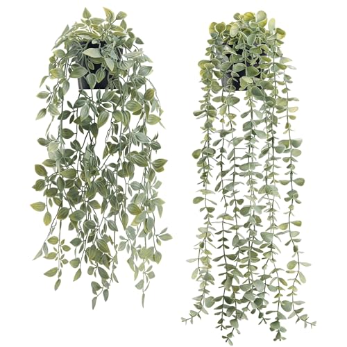 Der Rose 2Pcs Fake Plants Hanging Artificial Decor Faux Potted Eucalyptus and Pea Pod Plants for Boho Bathroom Home Office Desk Wall Shelf Bookcase Ac
