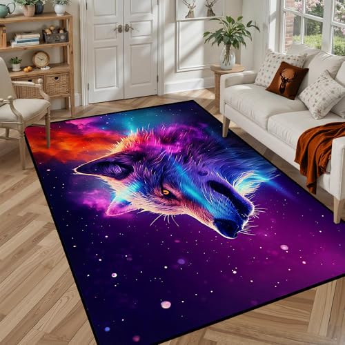 5' X 7' Galaxy Wolf Rug 3D Fierce Wolves Area Rugs for Bedroom Living Room Playroom Gameroom Boys Kids Colorful Glitter Throw Rugs Floor Mat Carpet Ga