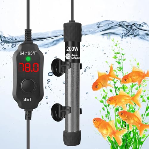 AquaMiralce 200W Aquarium Heater with Compact Size, Submersible Fish Tank Heater with LED Digital Display Thermostat, Adjustable Fish Heater Turtle He