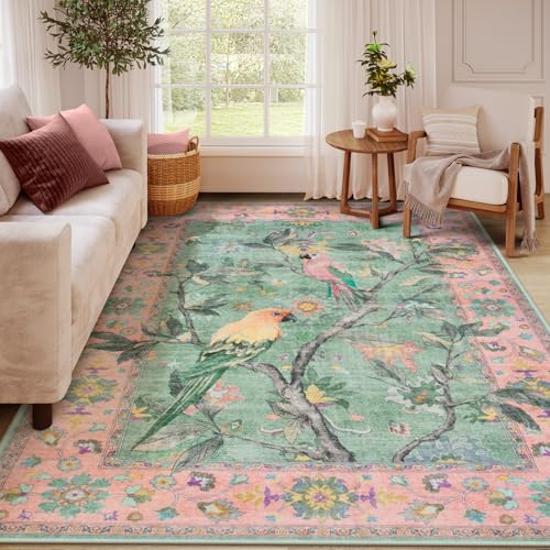 Lahome Botanical Birds Washable Pink Rugs for Bedroom Girls, 8x10 Non Slip Living Room Area Rug, Vintage Indoor Dining Room Carpet for Under Table Nur