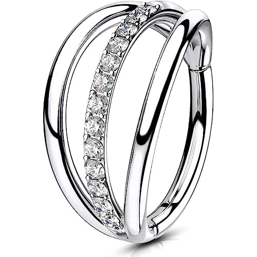 OUFER 16G Helix Piercing Jewelry, Clear CZ Three Row Helix Earrings Hoops, 316L Stainless Steel Cartilage Earrings, Daith Rook Conch Earrings For Wome