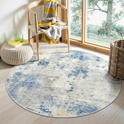 Lahome Modern Abstract Round Rug 4Ft, Blue Washable Front Door Mat Soft 4x4 Circle Rug for Entryway Bedroom Non Slip, Contemporary Indoor Floor Carpet