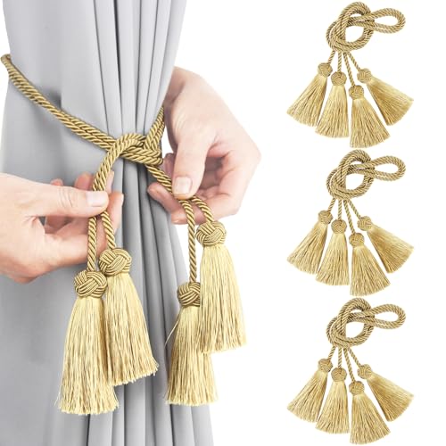 Elegant Curtain Tiebacks Rope Decorative Curtain Tie Backs for Drapes Hand Woven Window Treatment Holdbacks with Tassel, Gold 6pack