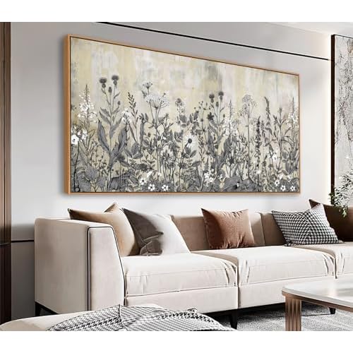 NINEASO Botanical Framed Wall Art Canvas - Wildflower Pictures Vintage Grey Brown Floral Wall Decor Rustic Beige Print Flowers Nature Plants Painting