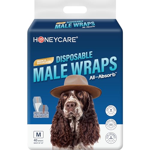 Honeycare Disposable Male Wraps for Senior Dogs, Medium Size, 40 Count, Super Absorbent, Breathable, Wetness Indicator, Super Deodorization, Cute Suit
