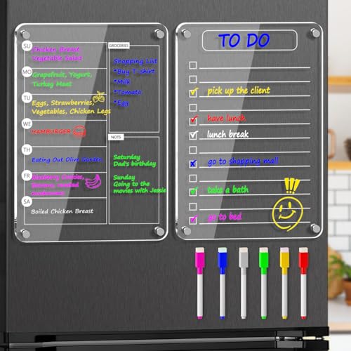 Magnetic Acrylic Weekly Planner and to Do List Set for Fridge – 8"×12" Clear Dry Erase Boards with 6 Markers, Reusable Fridge Whiteboard for Meal P
