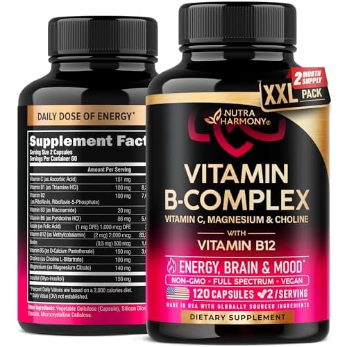 Vitamin B Complex for Men & Women - Made in USA - B-Complex: B1, B2, B3, B5, B6, B7, B8, B9, B12 with Vitamin C, Choline, Inositol - Energy, Brain & H
