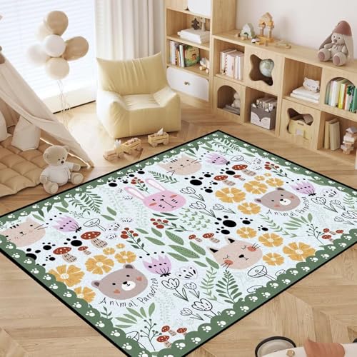 4' x 6' Animal Print Area Rug for Kids Low Pile Cartoon Carpet for Living Room Playroom Nursery Room Bedroom Green Cute Bear Cat Floral Non Slip Throw