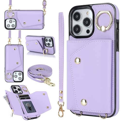 for iPhone 14 Luxury Zipper Wallet Case with Ring, Multi Card Holder Adjustable Crossbody Strap, Fashion Wallet Bag.(Purple) Purple iPhone 14