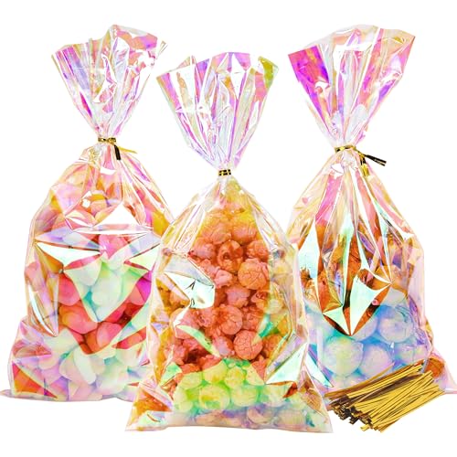 NPLUX Cellophane Bags Plastic Iridescent Gift Bag Clear Cookie Treat Bags with Twist Ties for Party Favor Bag(100PACK, 6x12inch) 6x12 inch