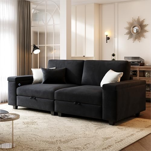 75" Loveseat Sofa for Living Room, Black Comfy Couch with USB+Type-C Ports, Deep Seat Cloud Sofas with Storage Seat, Couches for Living Room Furniture