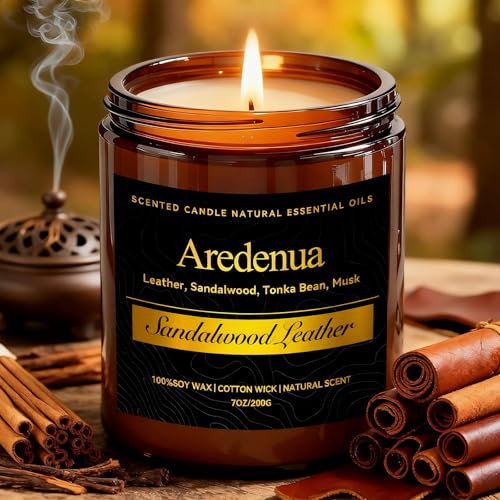 Sandalwood Leather Candle – Masculine Candles for Men, Manly Soy Candle with Rich Leather & Warm Sandalwood Aroma, Long Lasting Scented Candles for