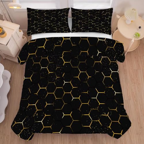 Black and Gold Comforter Set Full-Queen Size Geometric Honeycomb Bedding for Girls Boys Women Bedroom Decor Quilt Bed Sets, 1 Comforter 2 Pillowcases