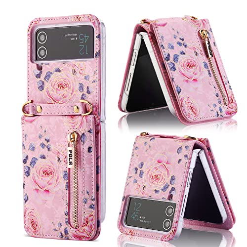 for Samsung Galaxy Z Flip 3 5G Flower Credit Card Holder Wallet Case with Strap, Rose Pattern Crossbody Purse Floral Kickstand for Women, Cute and Cha