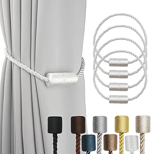 4 Pack White Strong Magnetic Curtain Tiebacks Outdoor Elegant Decorative Tie Backs Modern Rope Tiebacks for Drapes Window Curtain Holdbacks for Draper