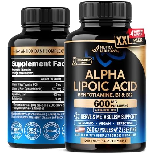 Alpha Lipoic Acid 600mg - ALA Supplement Antioxidant for Nerve, Energy & Metabolism Support - Extra Strength with Benfotiamine, Vitamins B1 & B12 - La