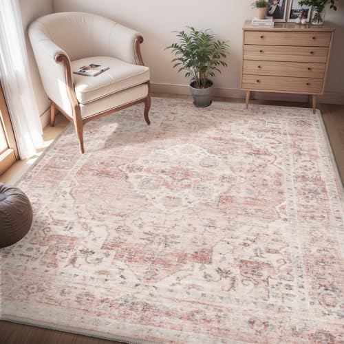 AMOAMI 4x6 Soft Vintage Area Rug - Non-Slip Washable Rug for Living Room, Bedroom, Dining Room, Office - Pink Pink 4' x 6' (Rectangular)