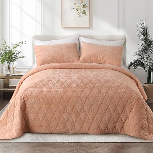 KASENTEX Peach-Pink Velvet Quilt Set King Size, Luxury Bedding Set 104"x 90", Lightweight Geometric Stitched King Bedspread Coverlet with 2 Pillow Sha