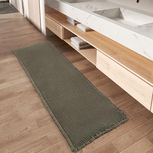 Upgraded Waffle Runner Rug, Super Absorbent Non Slip Bath Mats for Bathroom Floor, Machine Washable Bathroom Runner Rug with Tassels, Ideal for Hallwa