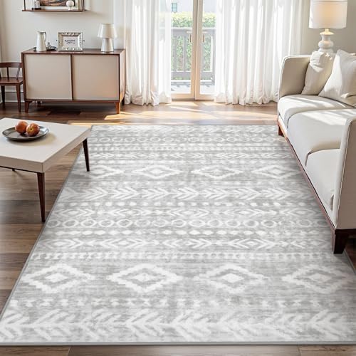 Lahome Boho Moroccan 6x9 Area Rugs, Ultra-Thin Washable Living Room Rug Soft Rugs for Bedroom Stain Resistance, Farmhouse Tribal Print Grey White Indo