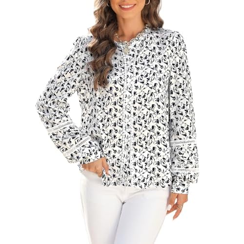 YIJIU Women's Button Down Shirts Floral Print Mock Neck Eyelet Long Sleeve Casual Work Blouses Tops