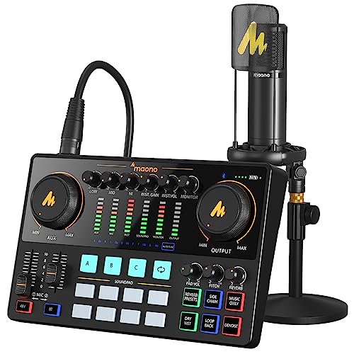 MAONO Podcast Equipment Bundle with Audio Interface and XLR Condenser Microphone, MaonoCaster with 48V Phantom Power, Bluetooth for Podcast, Streaming