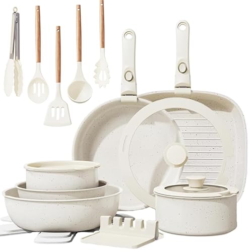 Astercook 22 Pcs Non-Stick Ceramic Cookware Set, Detachable Handle, RV Kitchen Cooking Set Removable Handles, Oven Safe, Steak Pot