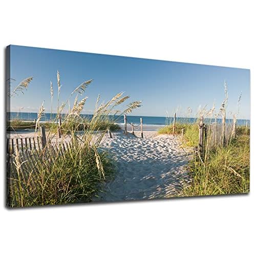 Sea Beach Canvas Wall Art Blue Ocean Pictures Wall Decor Coastal Reeds Nature Prints Seascape Painting Artwork for Living Room Bedroom Office Wall Dec