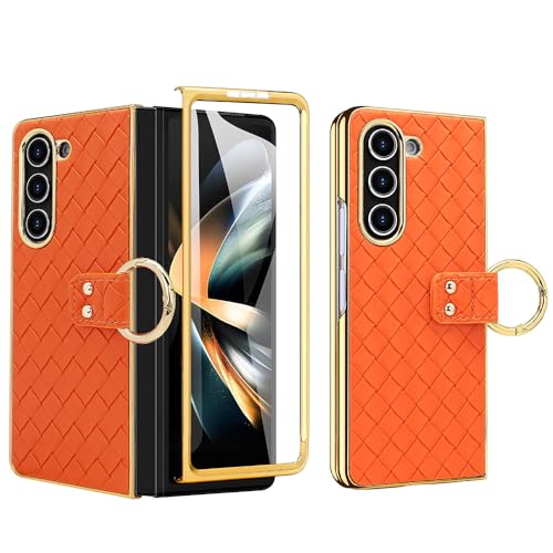 for Samsung Galaxy Z Fold 6 Luxurious Stylish Business Woven Leather Phone Case with Ring Design, Built-in Front Screen Protector Anti-Slip, Anti-Drop