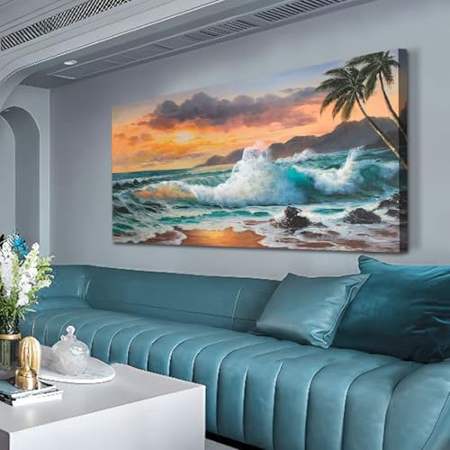 Ardemy Coastal Seascape Canvas Wall Art Living Room Palm Tree Beach Sunset Bedroom Painting Seawave Tropical Picture Blue Ocean Large Framed Panoramic