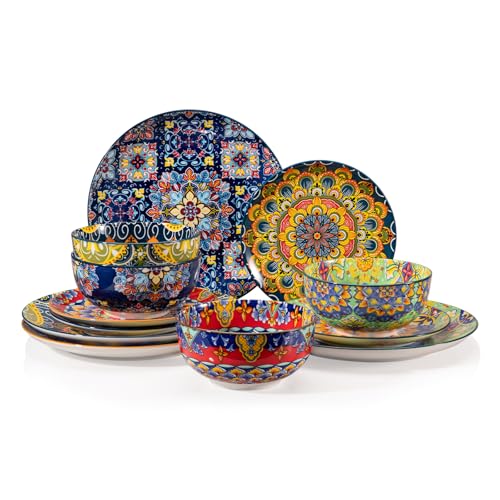 Sweejar Ceramic Dinnerware Sets for 4,12 Pieces Boho Plates and Bowls for Kitchen,Housewaring Gift,Bohemian Style Dish Set,Dishwasher and Microwave Sa