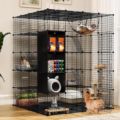 YITAHOME 5-Tier Cat Cage Indoor Large, Cats Enclosure with Storage Cube DIY Outdoor Metal Cat Playpen with Hammock for 1-4 Cats Cat Kennel Catio 55"L