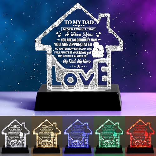 Personalized Crystal House with 7-Color LED Light Base - Ideal Gift for Dad, Perfect for Christmas Retirement Birthday Anniversary Dad Crystal+ Base-B