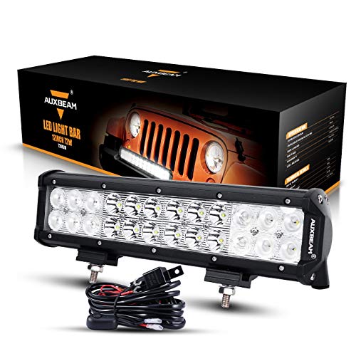 Auxbeam 12 Inch LED Light Bar with Wiring Harness 72W 7200lm Light Bar Combo Beams 24pcs 3W Led Chips Waterproof Led Work Light for Truck Pickup Jeep