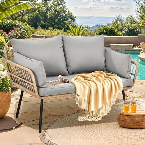 YITAHOME Patio Loveseat, All-Weather Wicker Rattan 2 Seater Sofa with Cushions & Lumbar Pillows, Outdoor Patio Furniture Set for Patio, Balcony, Backy