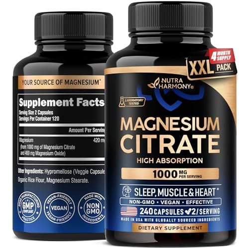 Magnesium Citrate Capsules 1000mg | High Absorption Supplement - Sleep, Muscle & Heart Support - Vegan | Non-GMO - Made in USA - As Powder | Pills | T