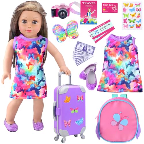 American Doll Clothes and Accessories 18 Inch Playset with Suitcase, Dresses, Shoes, Backpack and Other DIY Butterfly Stuff for Girl Gift Present for