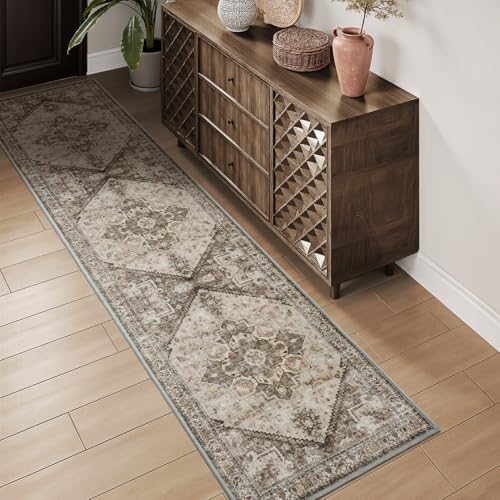 Runner 2x8 Runners for Hallways Runner-Rugs for Bedroom Soft Kitchen Machine Washable Vintage Oriental Floral Medallion Laundry Rug Non Slip Beige Bei