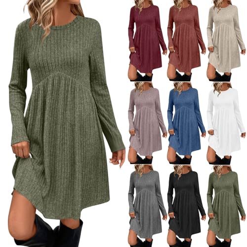Womens Long Sleeve Sweater Dresses | Ribbed Knit A-Line Midi Dress with Pockets for Fall, Work & Casual A01 Green Small