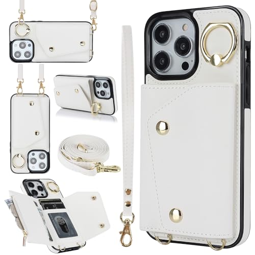 for iPhone 15 Luxury Zipper Wallet Case with Ring, Multi Card Holder Adjustable Crossbody Strap, Fashion Wallet Bag.(White) White iPhone 15