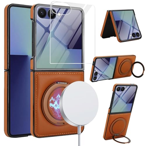 for Samsung Galaxy Z Flip 7 Case with Magnetic Ring Holder, 360 Rotating Bracket, Built-in Front Screen Protector, Slim Anti-Drop Shockproof Case.(Bro