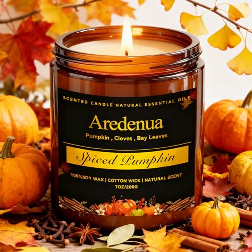 Fall Candles - Spiced Pumpkin Scented Candle, Autumn Scented Candles for Home - Natural Soy Autumn Candle - 7 oz Aromatherapy Candle, Fall Gifts for W
