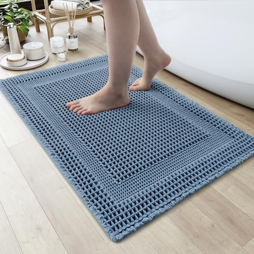 AMOAMI Waffle Bath-Mat, Absorbent Bath Mats for Bathroom Non Slip, Machine Washable Bathroom Rugs with Tassels Ultra Soft Boho Bath Rugs for Floor 24"