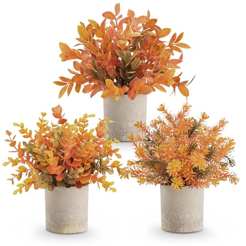 Der Rose 3 Pack Fall Mini Potted Fake Plants Artificial Plastic Eucalyptus Plants Topiaries Fall Decorations for Home Office Desk Farmhouse Room Bathr