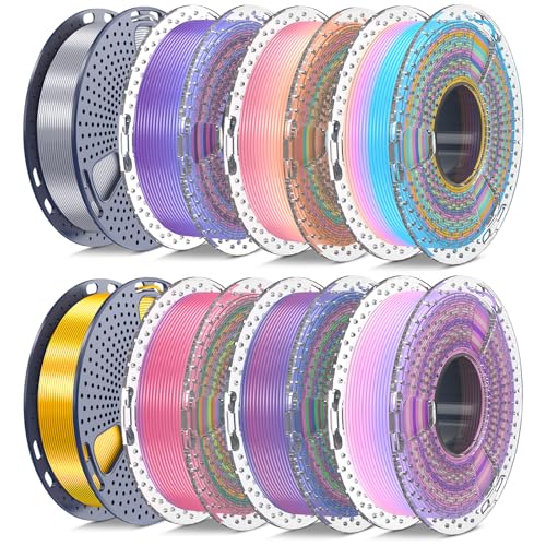 SUNLU Silk PLA+ Filament 1.75mm Multicolor 250gx8, Silky Glossy PLA Plus 3D Printer Filament Bundle, 6 Rainbow Series+Gold+Silver C-silkpla-250g-6 Rai