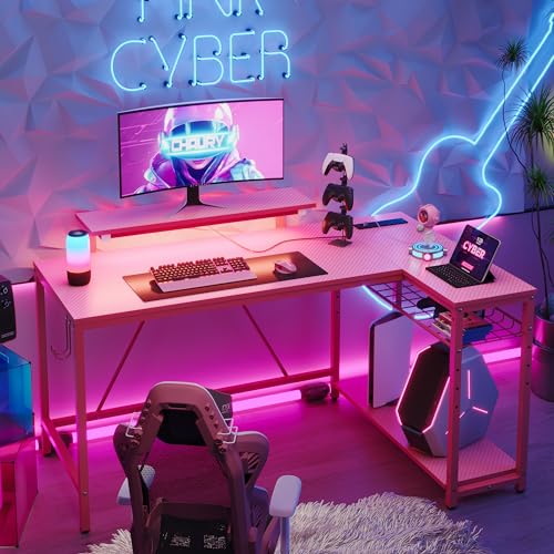 Bestier 52" Gaming Desk with Integrated Power Outlet & USB Ports, L-Shaped Computer Desk with LED Strip & Headphone Hooks, Perfect for Home Office Pin