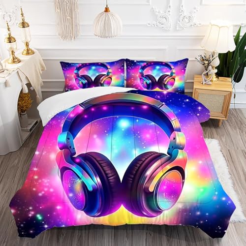 Galaxy Headphones Comforter Set Twin Purple Music Theme Bedding for Girls Kids Colorful Glitter Quilt 1 Comforter,1 Pillow Case Lb01-17 Twin